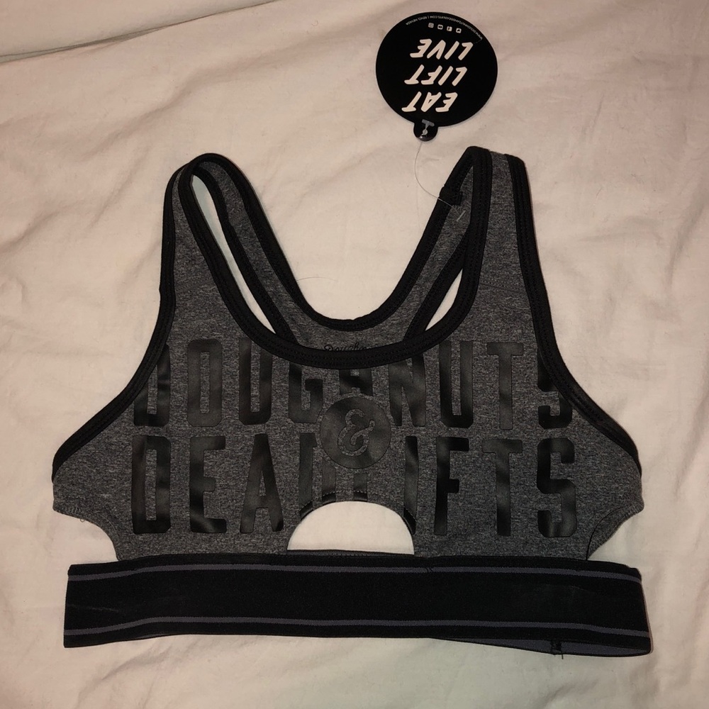 Grey doughnuts & deadlifts bra